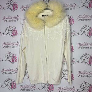 Leo guy sweater faux fur hood cream white floral embroidered zip up luxe winter